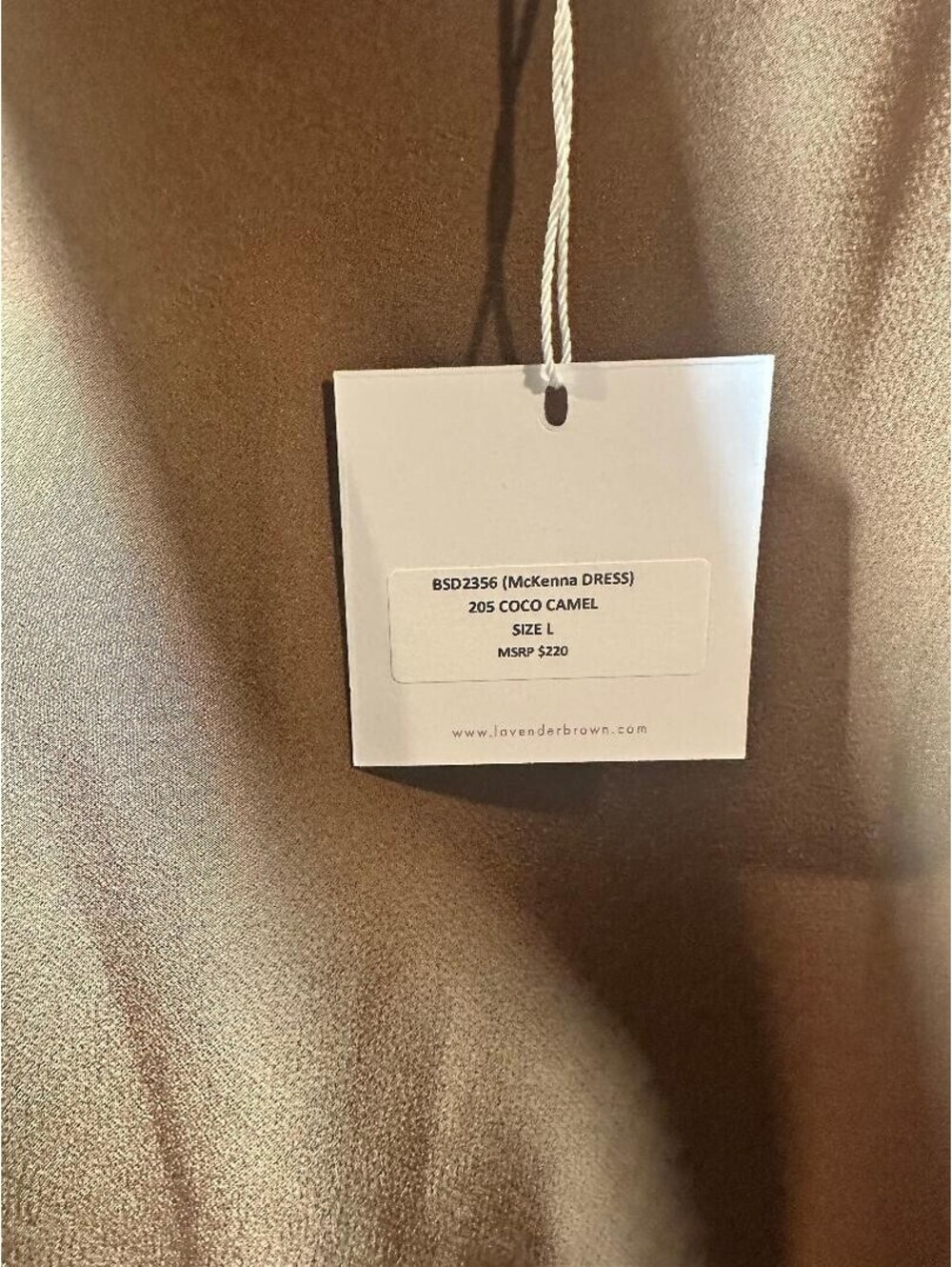 Lavender Brown McKenna Dress Cocoa Camel Satin Maxi Dress Size L NWT USA - Picture 2 of 5
